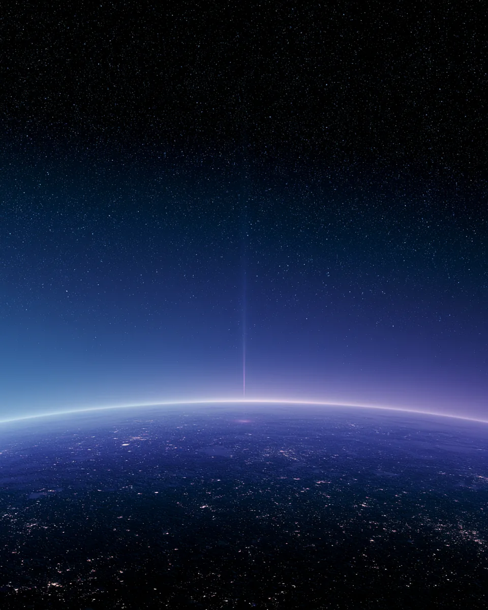 The curve of the Earth at the terminator seen from orbit, with a narrow beam of light rising through the atmospheric limb.