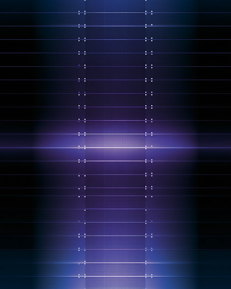 A bounded chamber of dense vertical filaments of light, bright inside its hairline border and dark outside it.